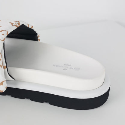 L***V White Giant Monogram Canvas Leather Trim Flat Slide Sandals — 2024 Spring Summer Boutique Limited Edition
