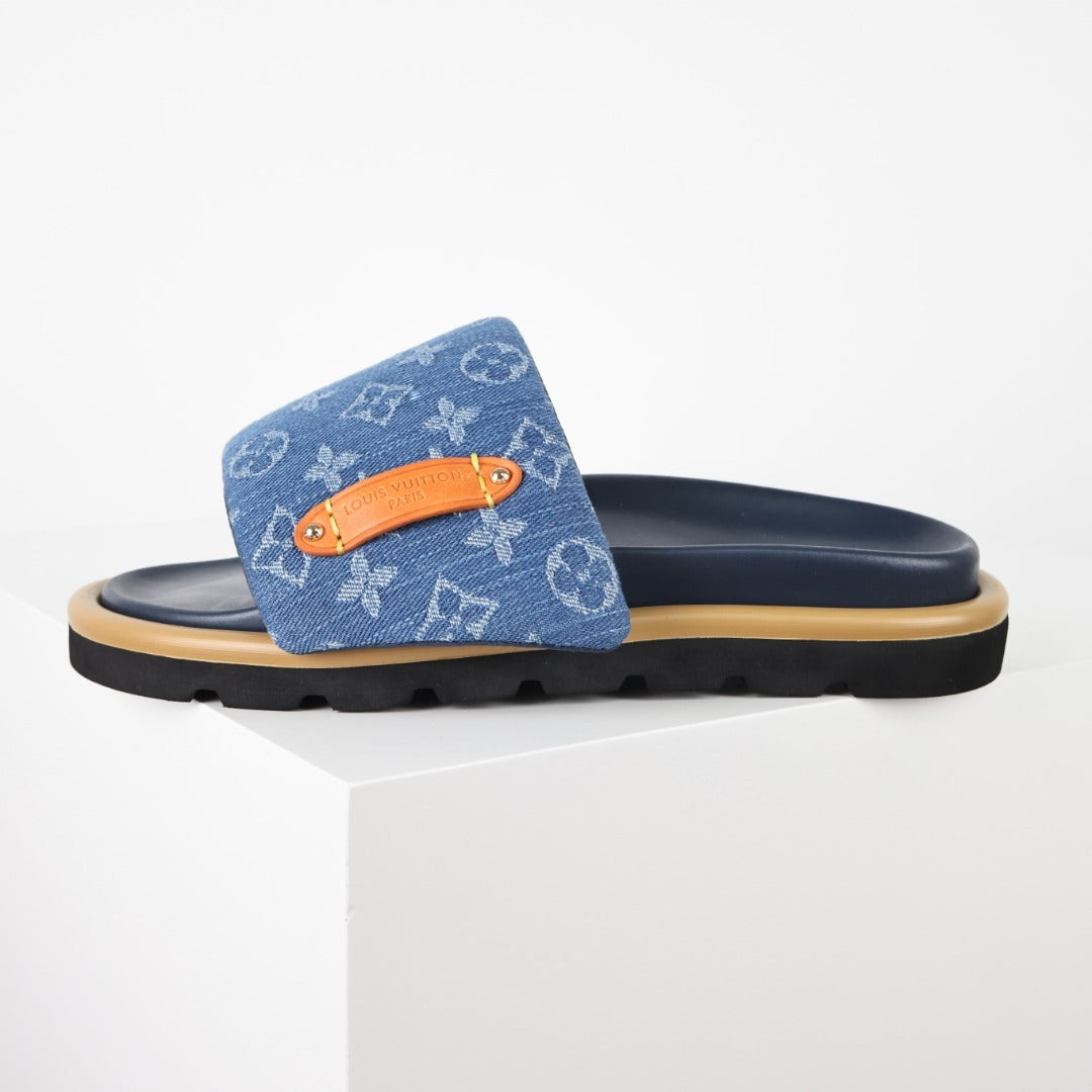L***V Denim Monogram Velcro Strap Slide Sandals — Wide Band Adjustable Pool Beach Slippers (8 Colors)