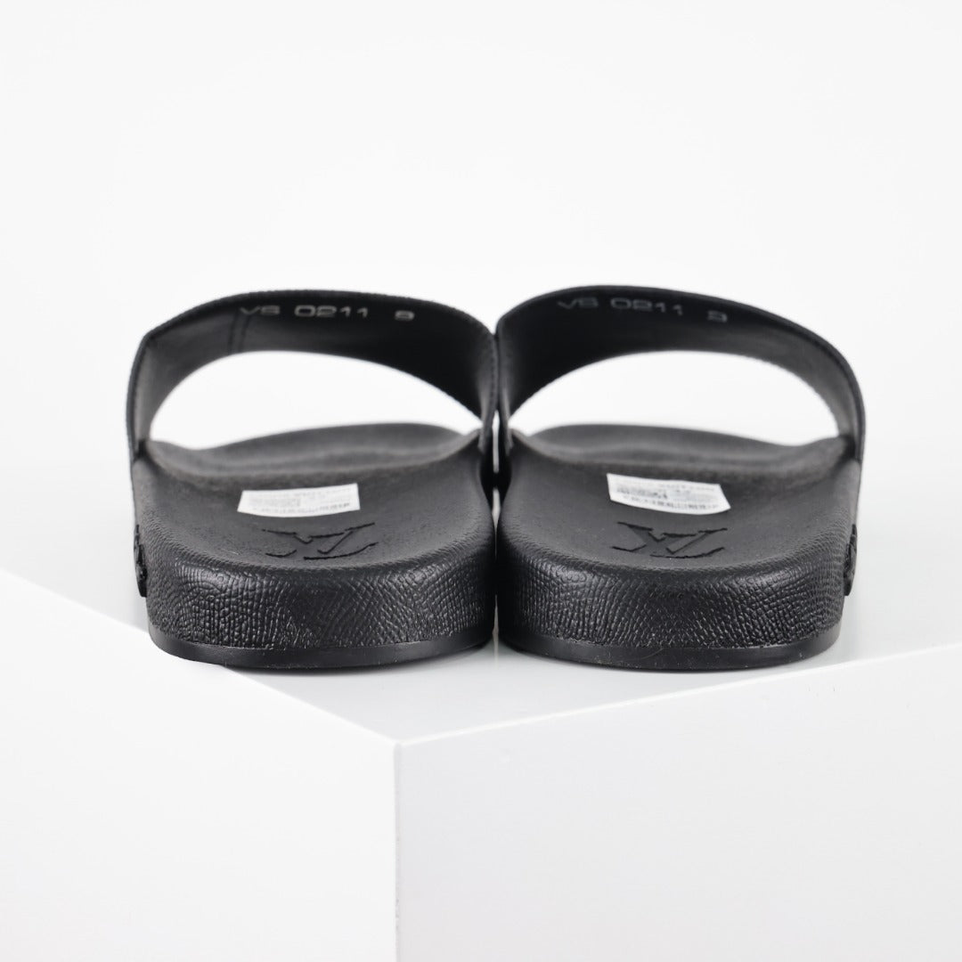 L***V Monogram Eclipse All-Black Waterfront Wide Strap Slide Sandals — Spring Summer Boutique Limited Edition