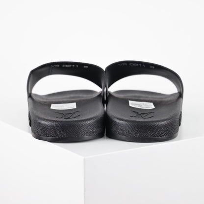 L***V Monogram Eclipse All-Black Waterfront Wide Strap Slide Sandals — Spring Summer Boutique Limited Edition