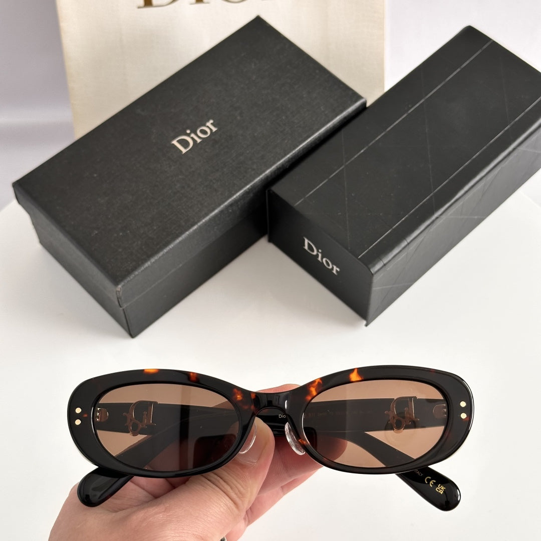 D**R Slim Oval Cat-Eye Sunglasses with Bold Glossy Red Acetate Frame, Light Tinted Lenses & Gold CD Logo Hardware