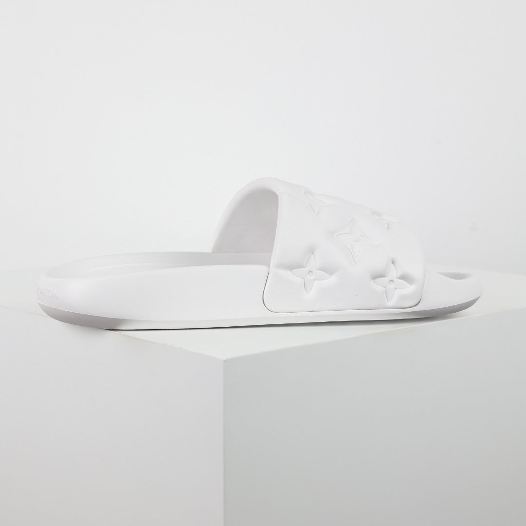 L***V White Tonal Monogram Embossed EVA Waterfront Wide Strap Slide Sandals — Spring Summer Boutique Limited Edition