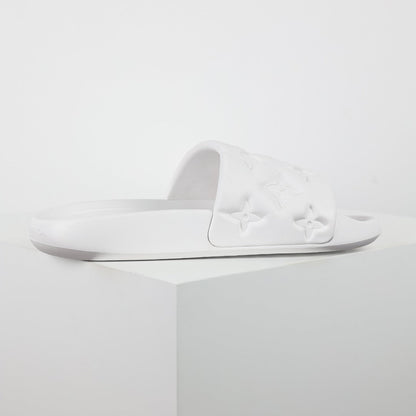 L***V White Tonal Monogram Embossed EVA Waterfront Wide Strap Slide Sandals — Spring Summer Boutique Limited Edition