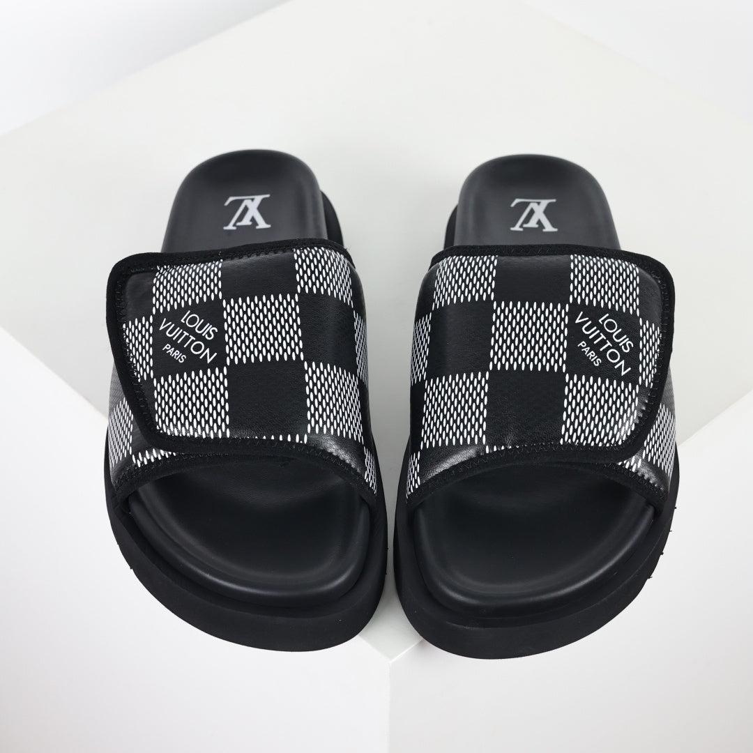 L***V Damier Graphite Black White Grey Woven Jacquard Pillow Slip-On Wide Strap Miami Slide Sandals — Spring Summer Boutique Limited Edition