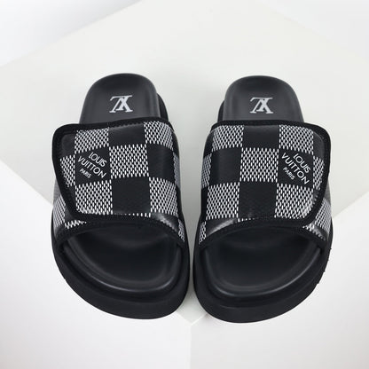 L***V Damier Graphite Black White Grey Woven Jacquard Pillow Slip-On Wide Strap Miami Slide Sandals — Spring Summer Boutique Limited Edition