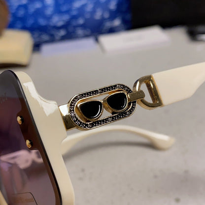 D**R Oversized Square Sunglasses | Cream Frame, Gold CD Logo Temple & Blue-Grey Gradient Lenses