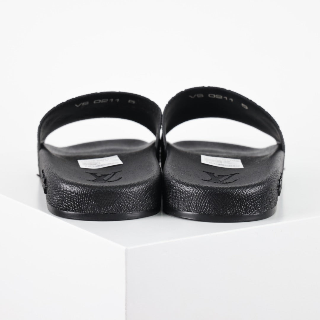 L***V All-Black Rubber Tonal Oversized Monogram Embossed Waterfront Wide Strap Slide Sandals — Spring Summer Boutique Limited Edition