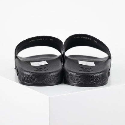 L***V All-Black Rubber Tonal Oversized Monogram Embossed Waterfront Wide Strap Slide Sandals — Spring Summer Boutique Limited Edition