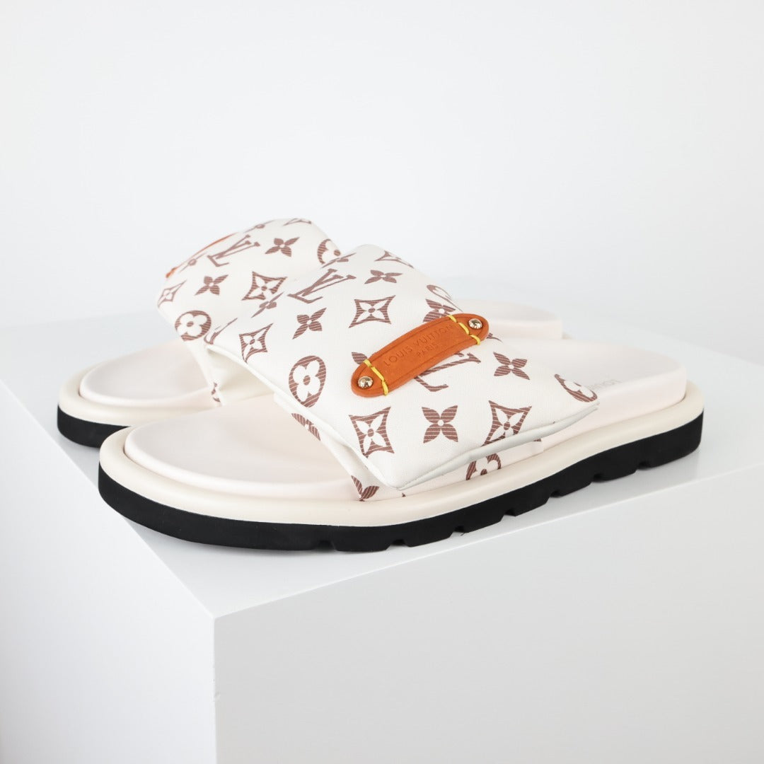 L***V Monogram Canvas Velcro Strap Slide Sandals — SS24 Cream Wide Band Slip-On Pool Beach Slippers (4 Colors)