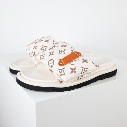 L***V Monogram Canvas Velcro Strap Slide Sandals — SS24 Cream Wide Band Slip-On Pool Beach Slippers (4 Colors)
