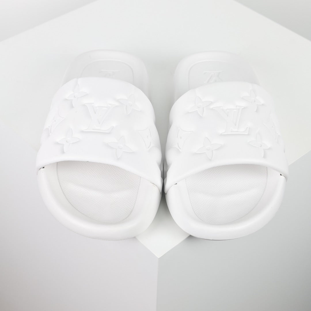 L***V White Tonal Monogram Embossed EVA Waterfront Wide Strap Slide Sandals — Spring Summer Boutique Limited Edition