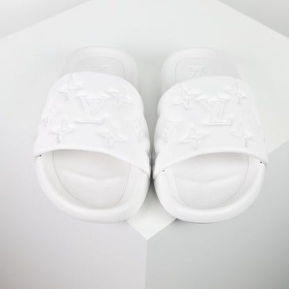 L***V White Tonal Monogram Embossed EVA Waterfront Wide Strap Slide Sandals — Spring Summer Boutique Limited Edition