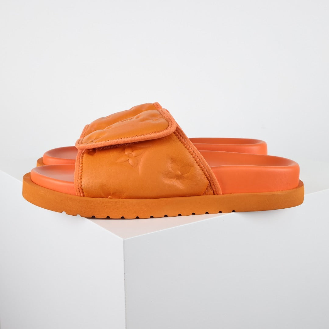 L***V Tangerine Orange Inflated Pillow Leather Velcro Adjustable Wide Strap Miami Slide Sandals — Spring Summer Boutique Limited Edition