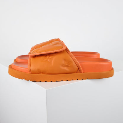 L***V Tangerine Orange Inflated Pillow Leather Velcro Adjustable Wide Strap Miami Slide Sandals — Spring Summer Boutique Limited Edition