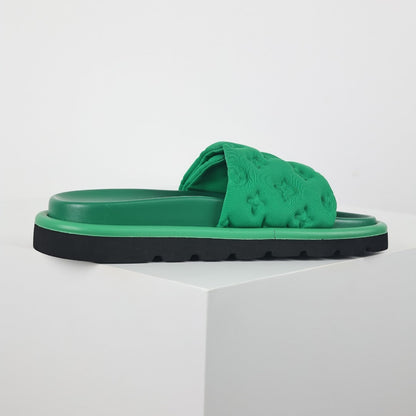 L***V Kelly Green Tonal Monogram Puffy Quilted Wide Strap Platform Slide Sandals — 2024 Spring Summer Boutique Limited Edition