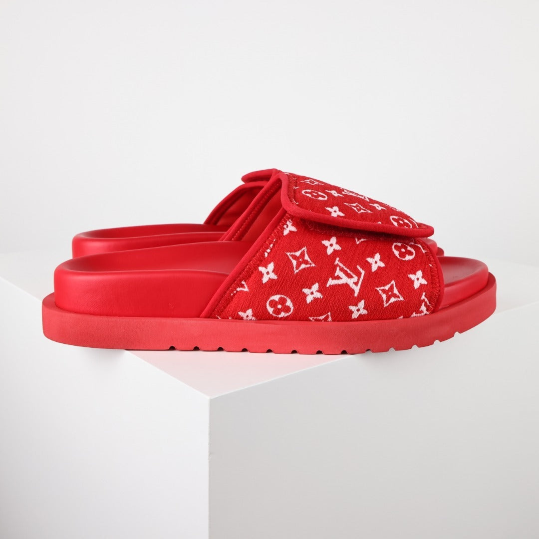 L***V Black White Monogram Woven Jacquard Slip-On Wide Strap Miami Slide Sandals — Spring Summer Boutique Limited Edition