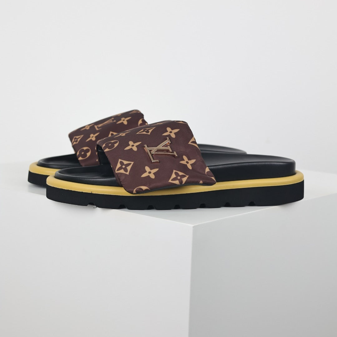 L***V Dark Brown Giant Monogram Canvas Wide Strap Platform Slide Sandals — 2024 Spring Summer Boutique Limited Edition