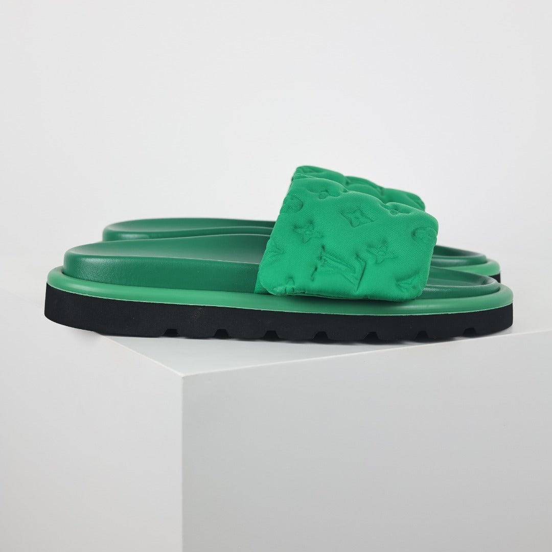 L***V Kelly Green Tonal Monogram Puffy Quilted Wide Strap Platform Slide Sandals — 2024 Spring Summer Boutique Limited Edition