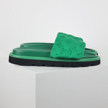L***V Kelly Green Tonal Monogram Puffy Quilted Wide Strap Platform Slide Sandals — 2024 Spring Summer Boutique Limited Edition