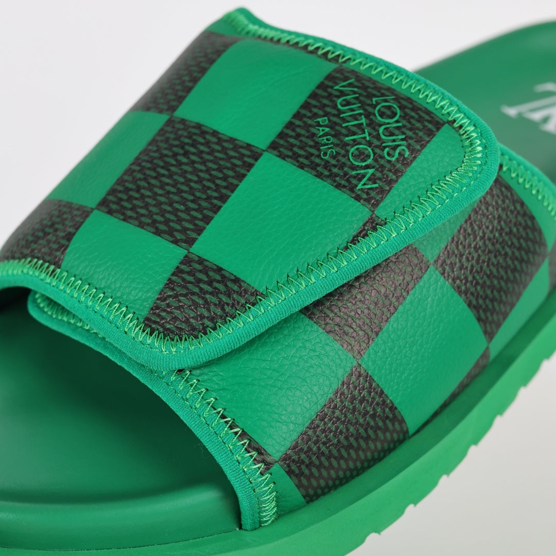 L***V Grass Green Black Damier Checkerboard Inflated Pillow Leather Velcro Double Strap Miami Slide Sandals — Spring Summer Boutique Limited Edition