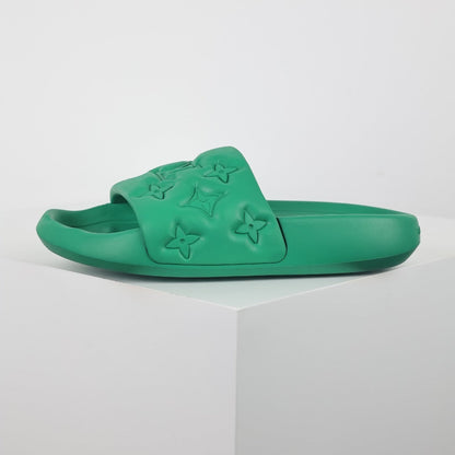 L***V Kelly Green Tonal Monogram Embossed Waterproof EVA Waterfront Wide Strap Slide Sandals — Spring Summer Boutique Limited Edition