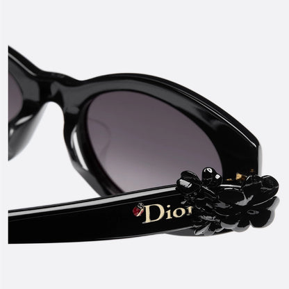 D**R Cat-Eye Oval Sunglasses | Glossy Black Acetate Frame, 3D Floral Detail & Grey Gradient Lenses