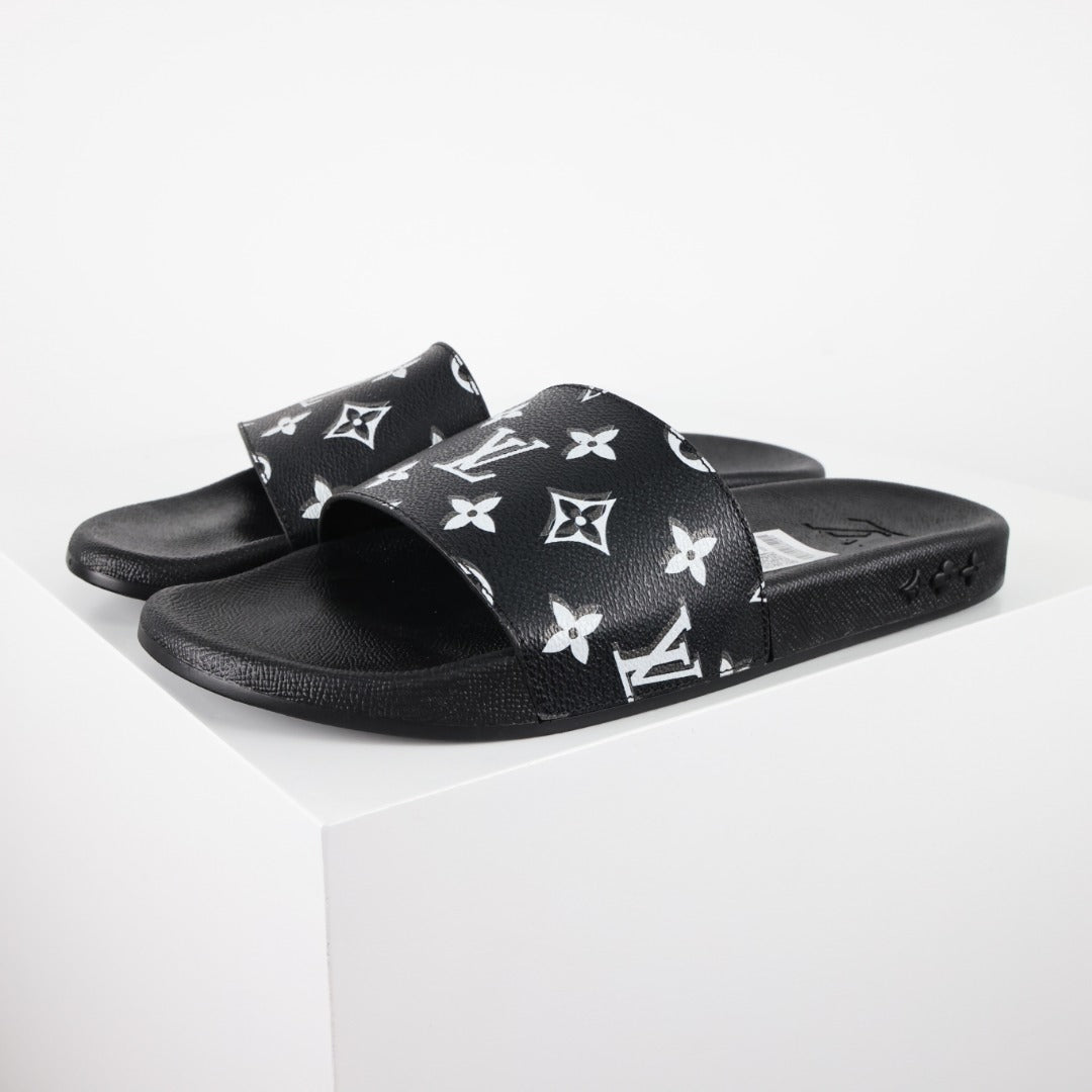 L***V Black White All-Over Oversized Monogram Waterfront Wide Strap Slide Sandals — Spring Summer Boutique Limited Edition