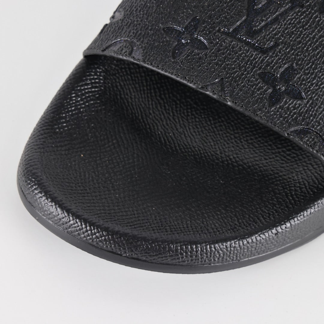 L***V All-Black Rubber Tonal Oversized Monogram Embossed Waterfront Wide Strap Slide Sandals — Spring Summer Boutique Limited Edition
