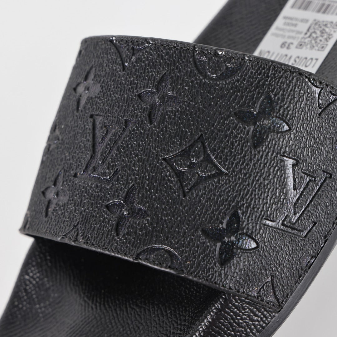 L***V All-Black Rubber Tonal Oversized Monogram Embossed Waterfront Wide Strap Slide Sandals — Spring Summer Boutique Limited Edition