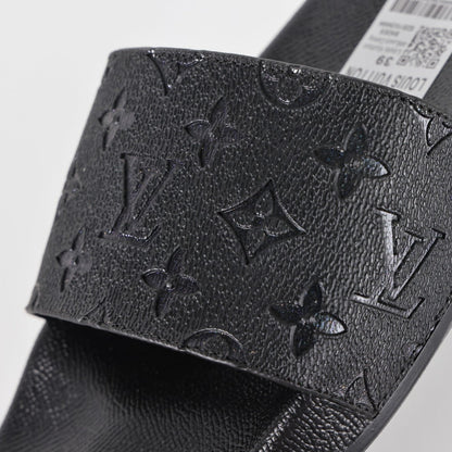 L***V All-Black Rubber Tonal Oversized Monogram Embossed Waterfront Wide Strap Slide Sandals — Spring Summer Boutique Limited Edition