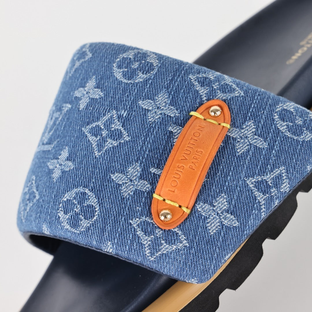 L***V Denim Monogram Velcro Strap Slide Sandals — Wide Band Adjustable Pool Beach Slippers (8 Colors)
