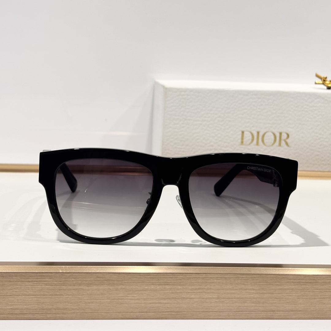 D**R Square Cat-Eye Sunglasses | Gloss Black Acetate Frame, Gold CD Letter Hinge Inlay, Gradient Grey Lenses