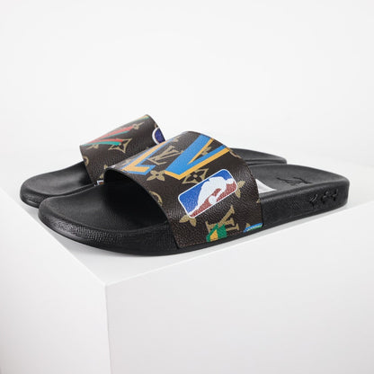 L***V Camo Multicolor Sticker Print Waterfront Wide Strap Slide Sandals — Spring Summer Boutique Limited Edition