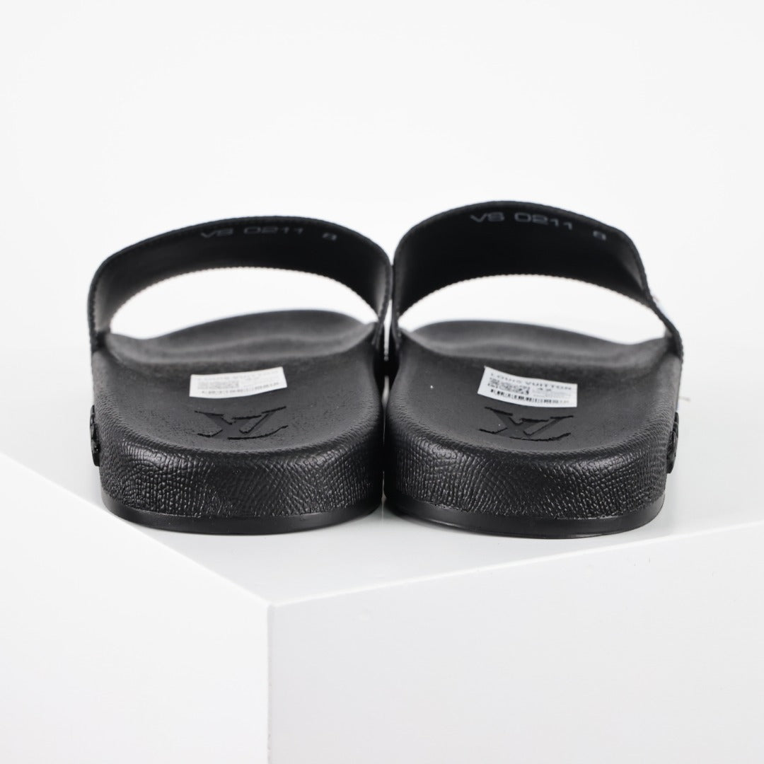 L***V Camo Multicolor Sticker Print Waterfront Wide Strap Slide Sandals — Spring Summer Boutique Limited Edition
