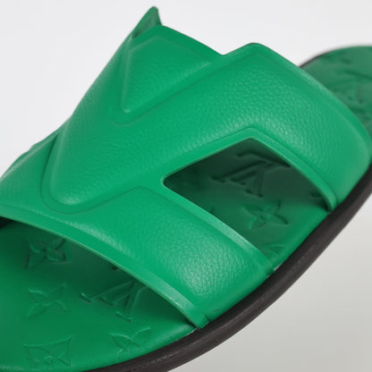 L***V Emerald Green Smooth Leather H-Strap Multi-Band Oasis Flat Slide Sandals — Spring Summer Boutique Limited Edition