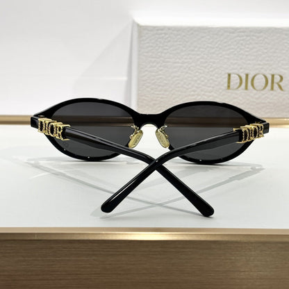 D**R Oval Cat-Eye Sunglasses | Gloss Black Acetate Frame, 3D DIOR Letter Hinge Block, Gold Metal Nose Bridge, Flat Grey Lenses
