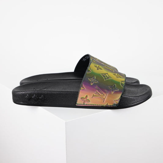 L***V Black Rainbow Iridescent Holographic Monogram Waterfront Wide Strap Slide Sandals — Spring Summer Boutique Limited Edition
