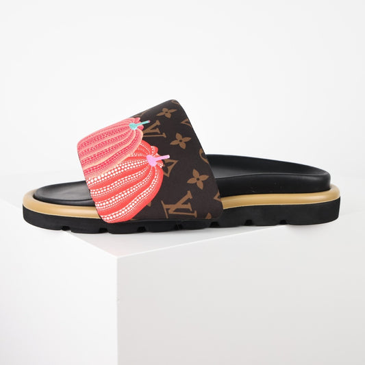 L***V Monogram Floral Embroidered Slide Sandals — 3D Coral & Mint Wide Band Slip-On Pool Beach Slippers (8 Colors)