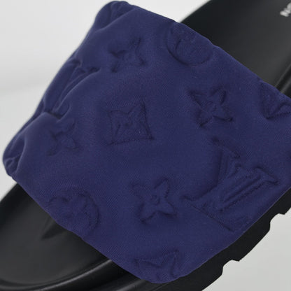 L***V Navy Blue Tonal Monogram Puffy Quilted Wide Strap Platform Slide Sandals — 2024 Spring Summer Boutique Limited Edition