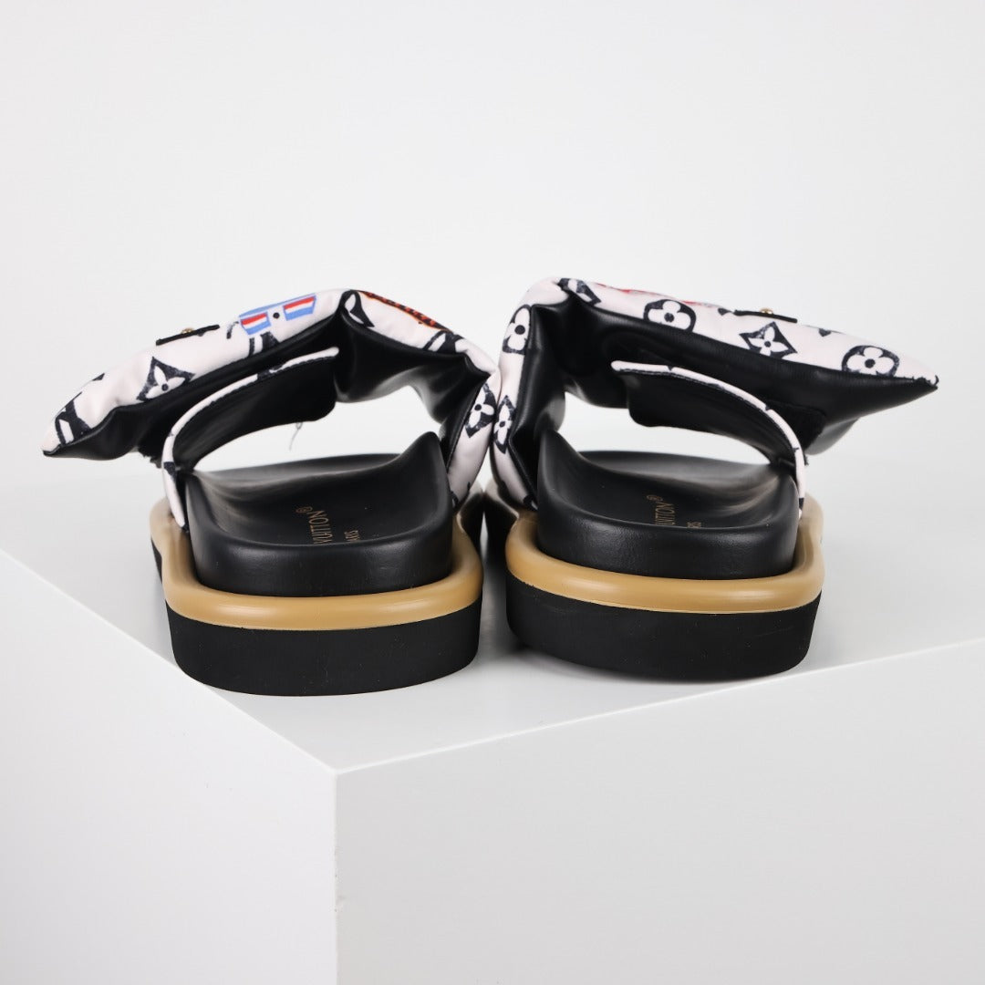 L***V White Multicolor Graffiti Monogram Velcro Adjustable Strap Slide Sandals — Spring Summer Boutique Limited Edition