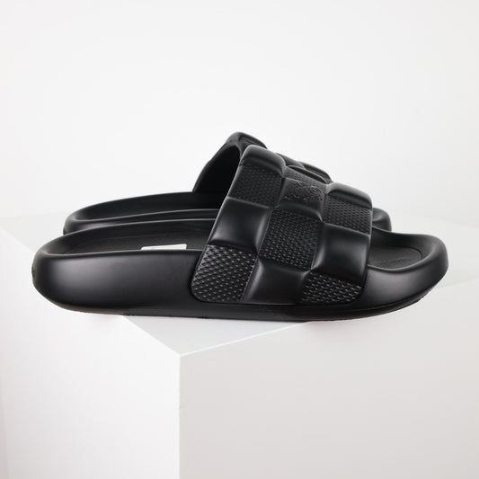 L***V Double Strap Slide Sandals — Embossed Waterproof Rubber Pool Beach Slippers (4 Colors)