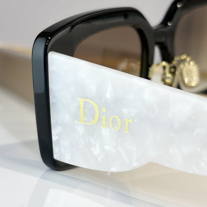 D**R Square Sunglasses | Black & Pearl White Two-Tone Acetate, Gold Heart Star Flower Studs, Dior Script Temple, Gradient Brown Lenses