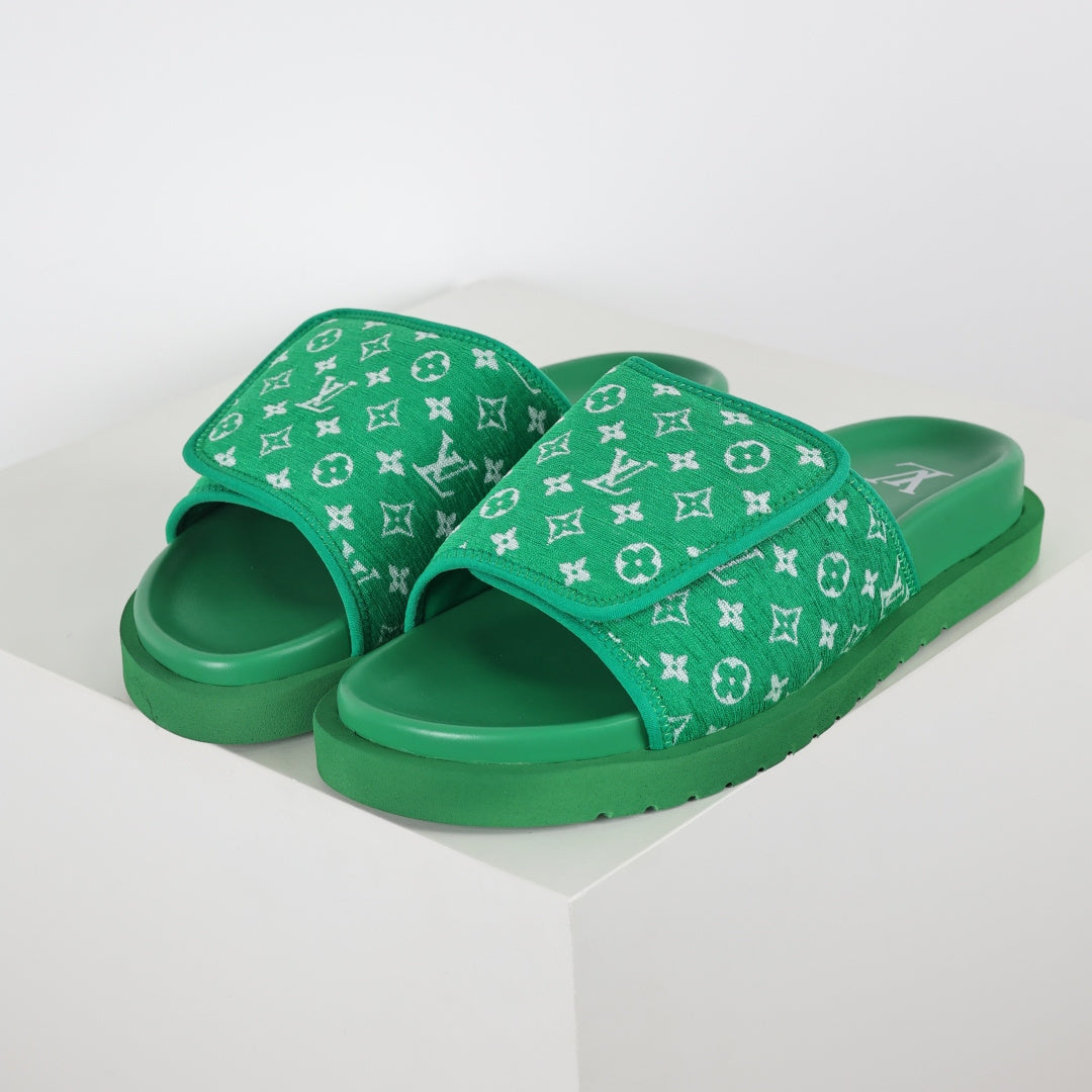 L***V Grass Green Monogram Jacquard Twisted Bow Ruched Strap Miami Slide Sandals — Spring Summer Boutique Limited Edition
