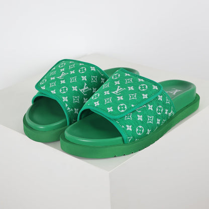 L***V Grass Green Monogram Jacquard Twisted Bow Ruched Strap Miami Slide Sandals — Spring Summer Boutique Limited Edition