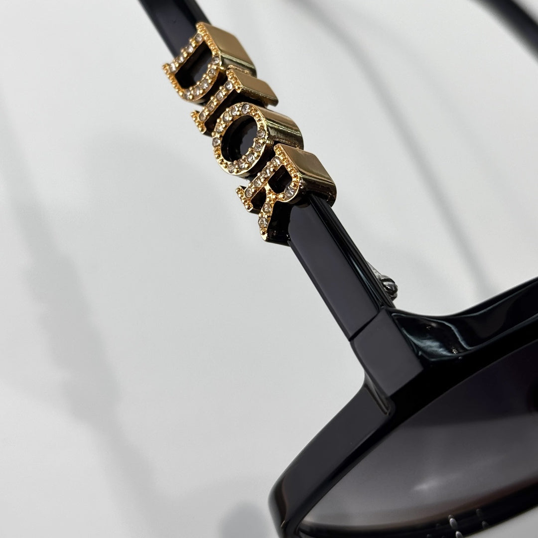 D**R Oversized Square Sunglasses | Gloss Black Acetate, Gold Crystal-Set DIOR Letter Temple, Gradient Grey Lenses, CD Monogram Print