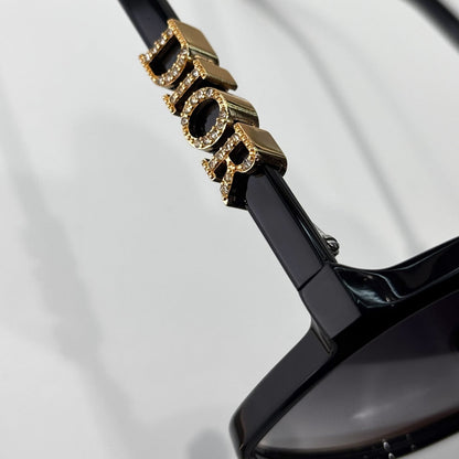 D**R Oversized Square Sunglasses | Gloss Black Acetate, Gold Crystal-Set DIOR Letter Temple, Gradient Grey Lenses, CD Monogram Print