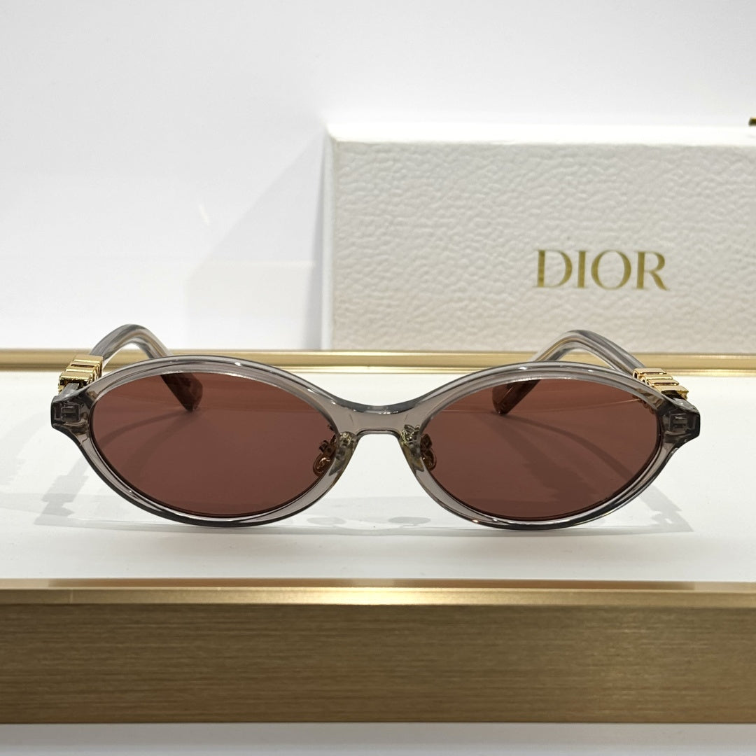 D**R Small Round Oval Sunglasses | Gloss Black Acetate, Crystal-Set DIOR Letter Temple Block, Gold Metal Nose Bridge, Flat Dark Grey Lenses