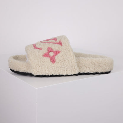 L***V Dark Chocolate Brown Tonal Monogram Shearling Lambswool Double Strap Slide Sandals — Autumn Winter Boutique Limited Edition