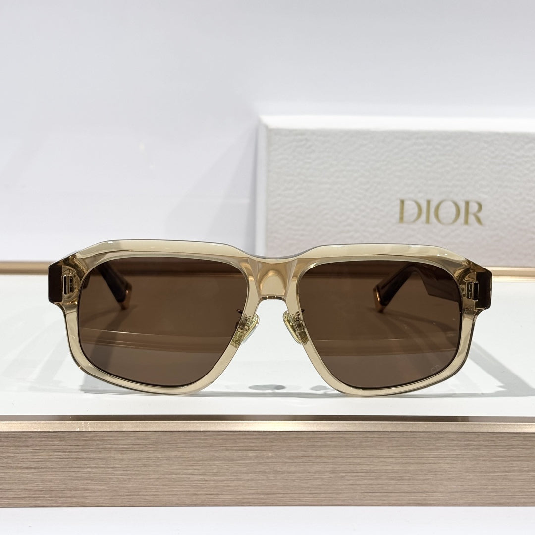 D**R Oversized Square Acetate Sunglasses | Transparent Champagne Frame, Gold CD Rivet, Gold Metal Tip, Flat Brown Lenses
