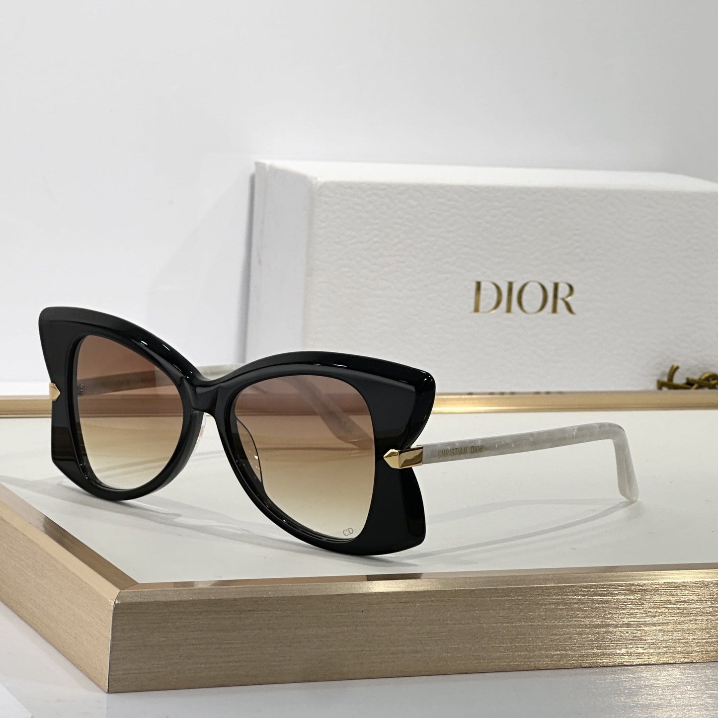D**R MissDior B5I Cat Eye Sunglasses | Black Acetate Frame, Blue-Grey Gradient Lenses, Gold Hinge | Multiple Colors